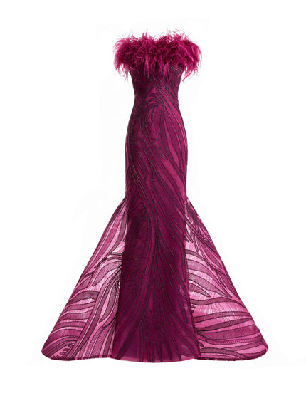 Gemy Maalouf Off-Shoulder Feathered Mermaid Gown in Plum, front detail