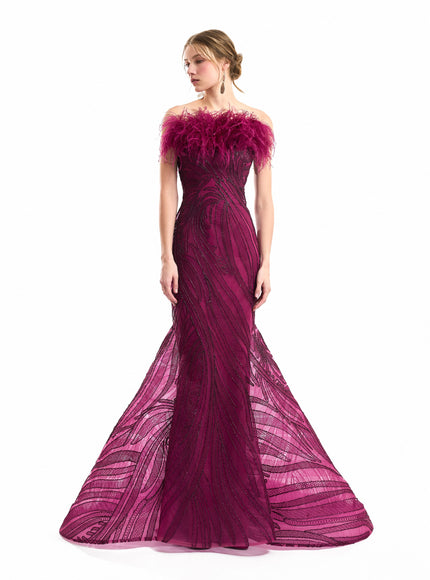 Gemy Maalouf Off-Shoulder Feathered Mermaid Gown in Plum, front view