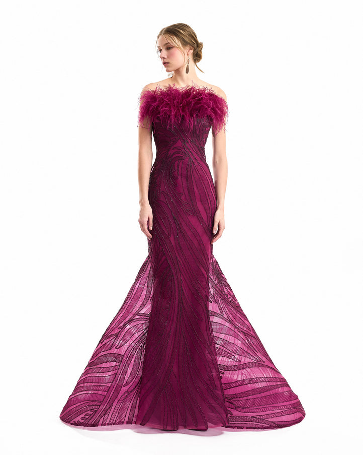 Gemy Maalouf Off-Shoulder Feathered Mermaid Gown Plum