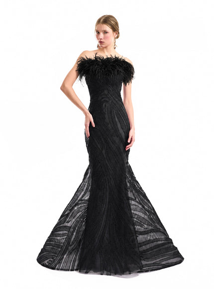 Gemy Maalouf Off-Shoulder Feathered Mermaid Gown in Black, front view