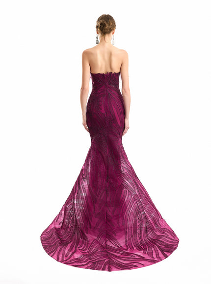 Gemy Maalouf Off-Shoulder Feathered Mermaid Gown in Plum, back view