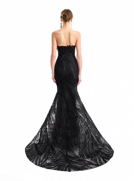 Gemy Maalouf Off-Shoulder Feathered Mermaid Gown in Black, back view