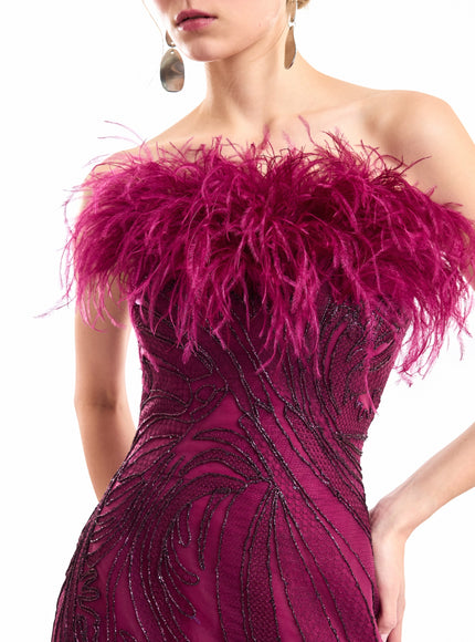 Gemy Maalouf Off-Shoulder Feathered Mermaid Gown in Plum, side view