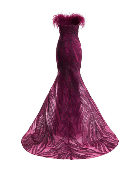 Gemy Maalouf Off-Shoulder Feathered Mermaid Gown in Plum, feathered neckline detail