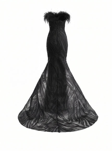 Gemy Maalouf Off-Shoulder Feathered Mermaid Gown in Black, feathered neckline detail
