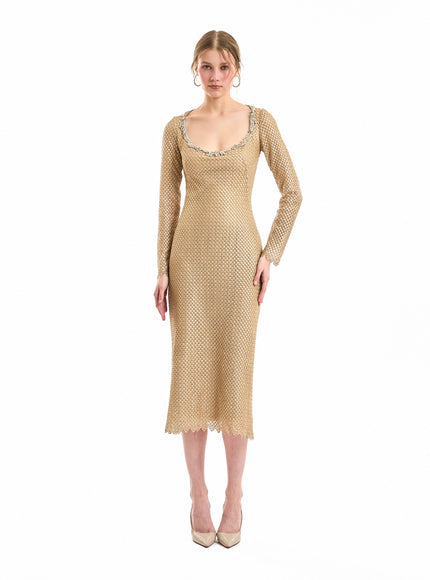 Gemy Maalouf Beaded Scoop-Neck Midi Dress Beige