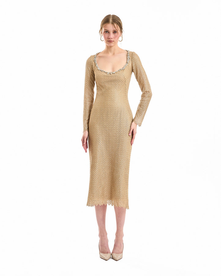 Gemy Maalouf Beaded Scoop-Neck Midi Dress Beige