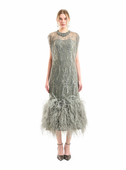 Gemy Maalouf Feathered Hem Pleated Midi Dress Dark Grey