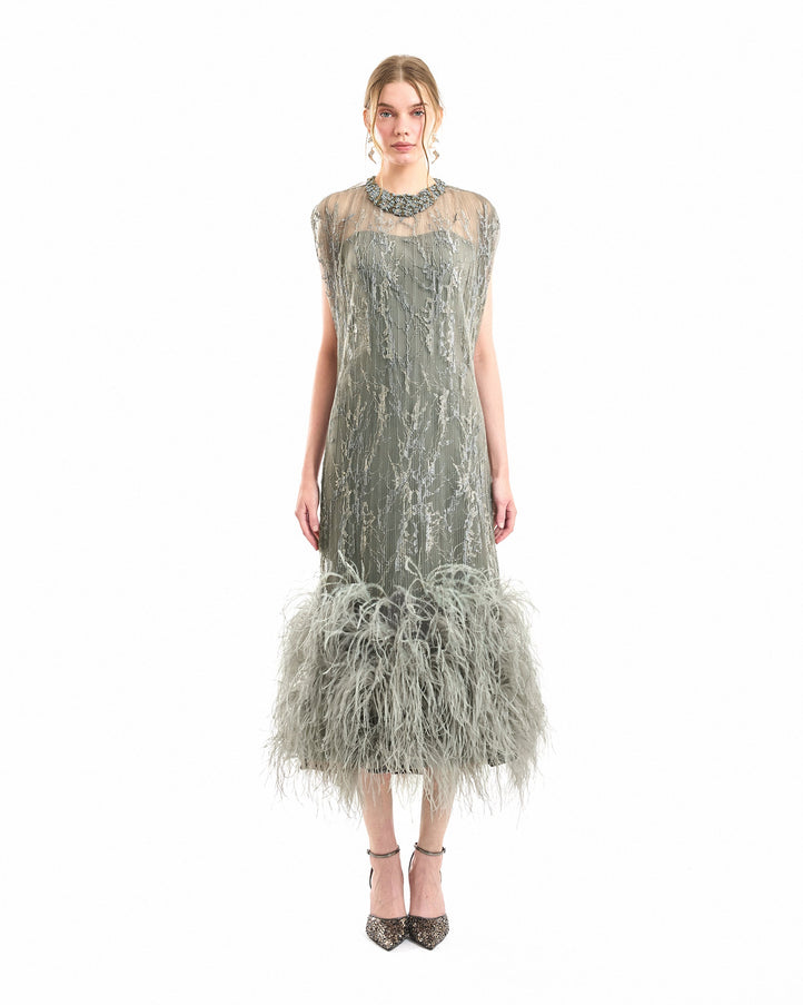 Gemy Maalouf Feathered Hem Pleated Midi Dress Dark Grey