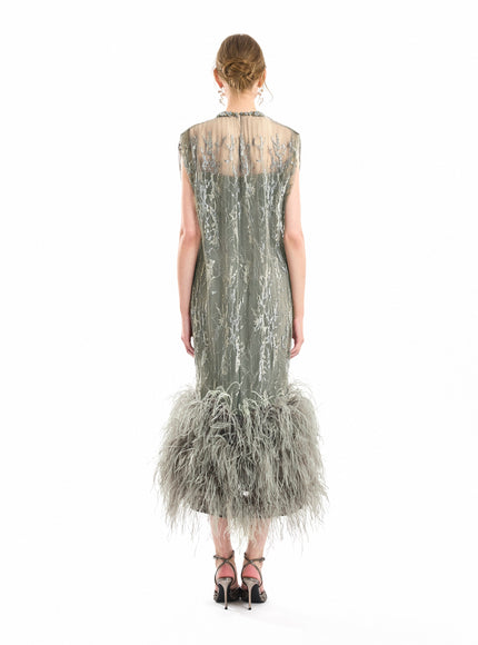 Gemy Maalouf Feathered Hem Pleated Midi Dress