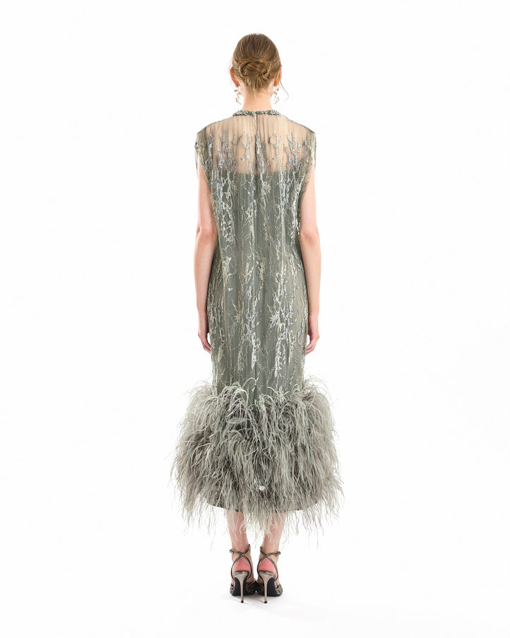 Gemy Maalouf Feathered Hem Pleated Midi Dress