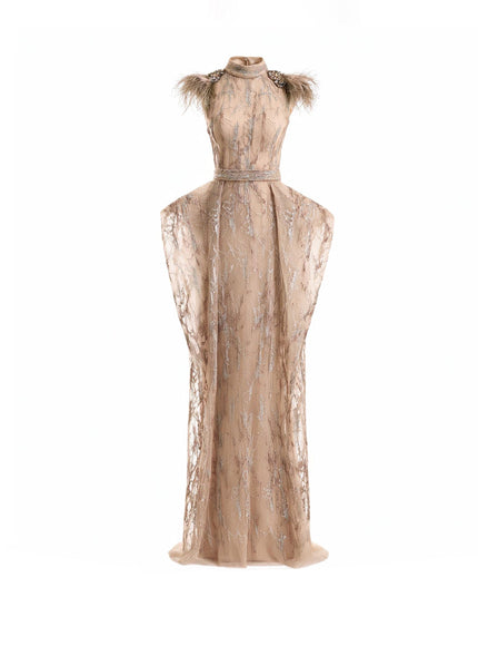 Gemy Maalouf Feathered Shoulder Hip-Panel Gown