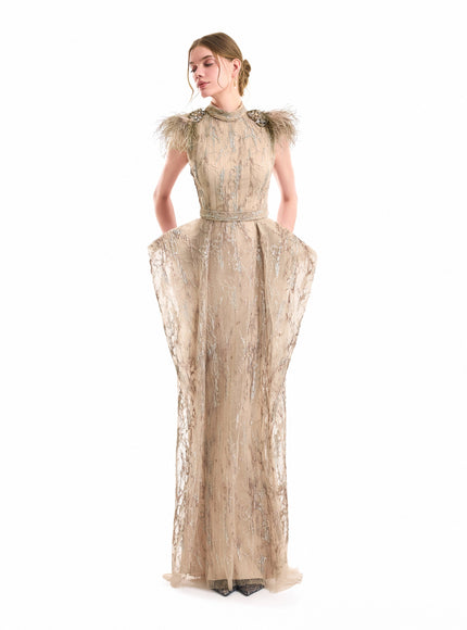 Gemy Maalouf Feathered Shoulder Hip-Panel Gown Beige