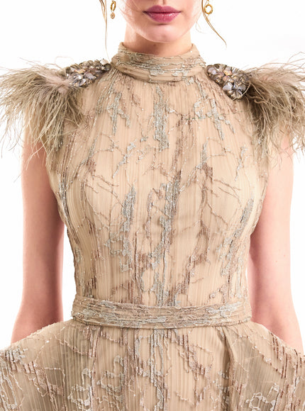 Gemy Maalouf Feathered Shoulder Hip-Panel Gown