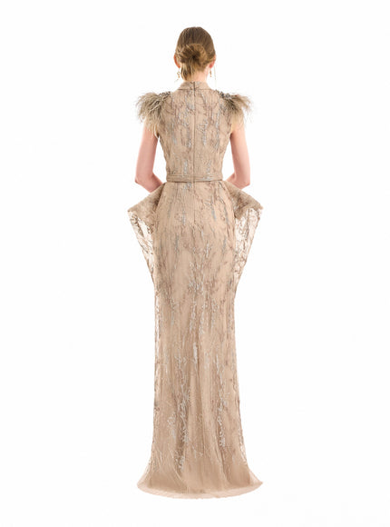 Gemy Maalouf Feathered Shoulder Hip-Panel Gown