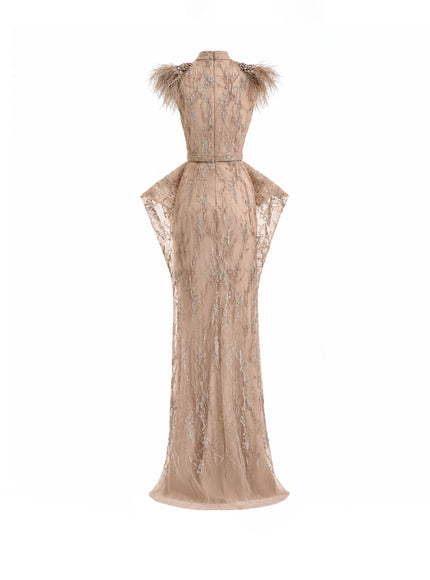 Gemy Maalouf Feathered Shoulder Hip-Panel Gown