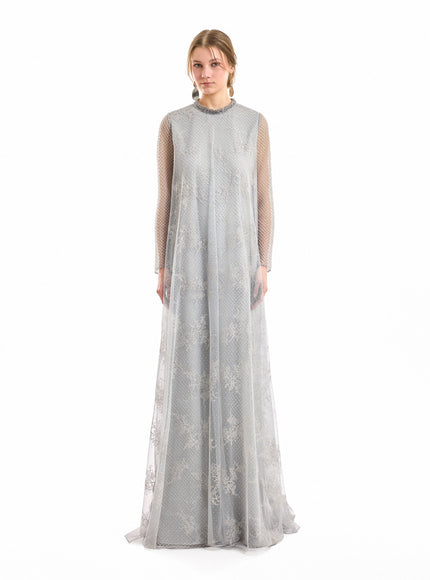 Gemy Maalouf Embroidered Net Lace Gown Grey