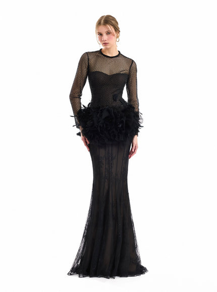 Gemy Maalouf Feathered Hip Lace Gown Black