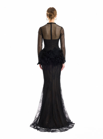 Gemy Maalouf Feathered Hip Lace Gown