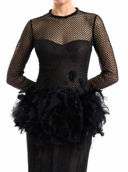 Gemy Maalouf Feathered Hip Lace Gown