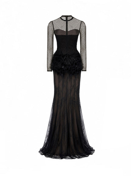 Gemy Maalouf Feathered Hip Lace Gown