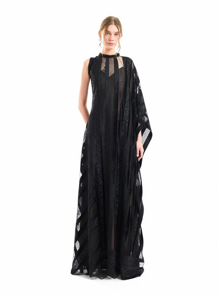 Gemy Maalouf Asymmetrical One-Sleeve Beaded Gown Black