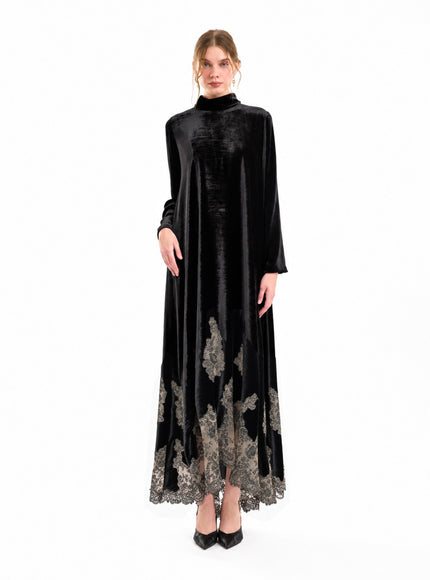 Gemy Maalouf Loose-Cut Lace-Hem Gown Black