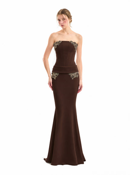 Gemy Maalouf Strapless Beaded Gown No. 7945 Brown