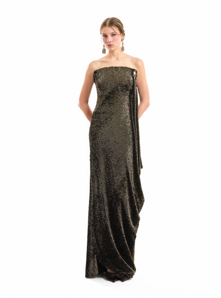 Gemy Maalouf Sequined Crystal Neckline Gown Olive