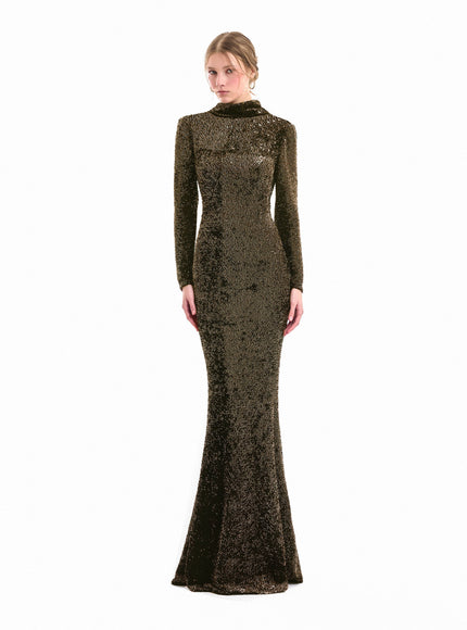 Gemy Maalouf Beaded Open-Back Slim Gown Olive