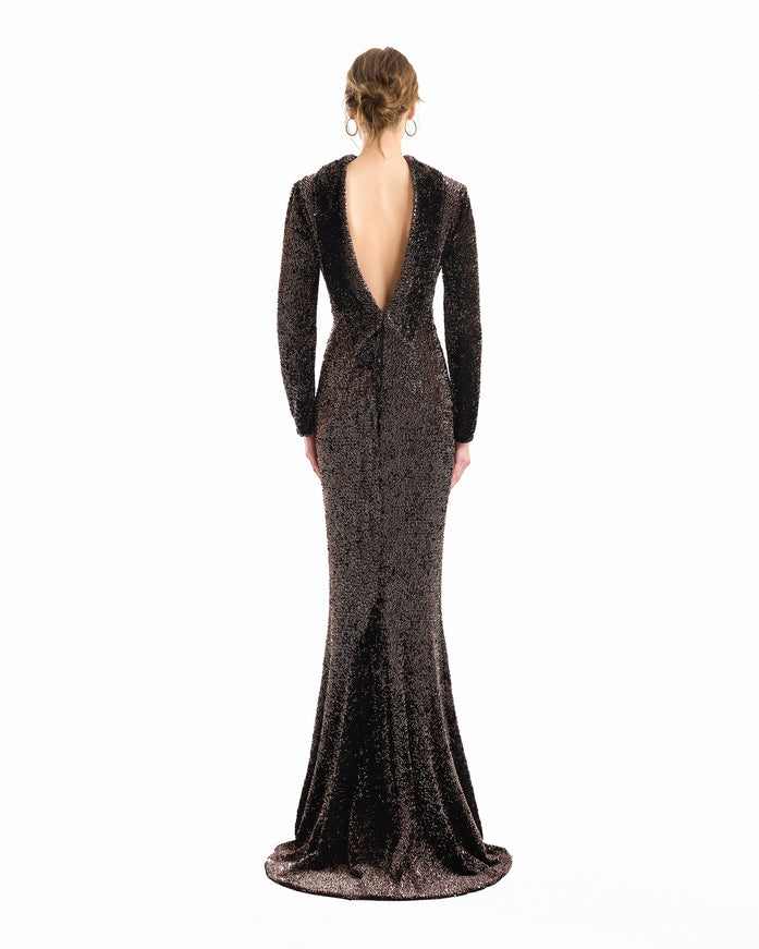 Gemy Maalouf Beaded Open-Back Slim Gown Brown