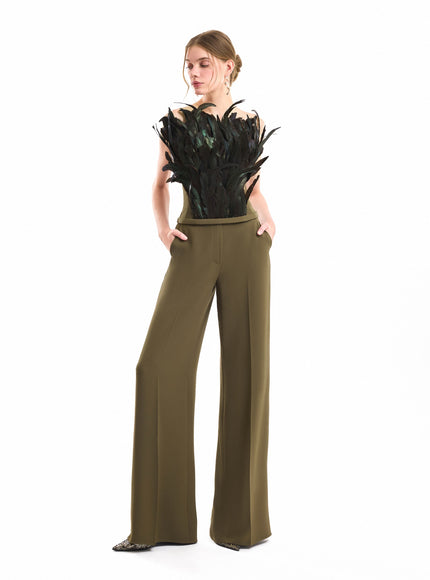 Gemy Maalouf Strapless Feathered Corset Top Khaki