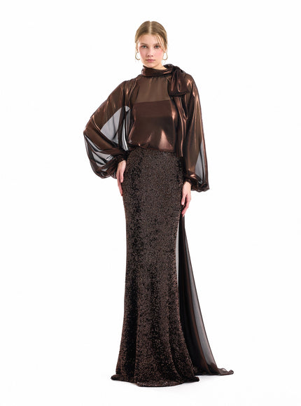 Gemy Maalouf Bishop Sleeve Bow Scarf Blouse - front