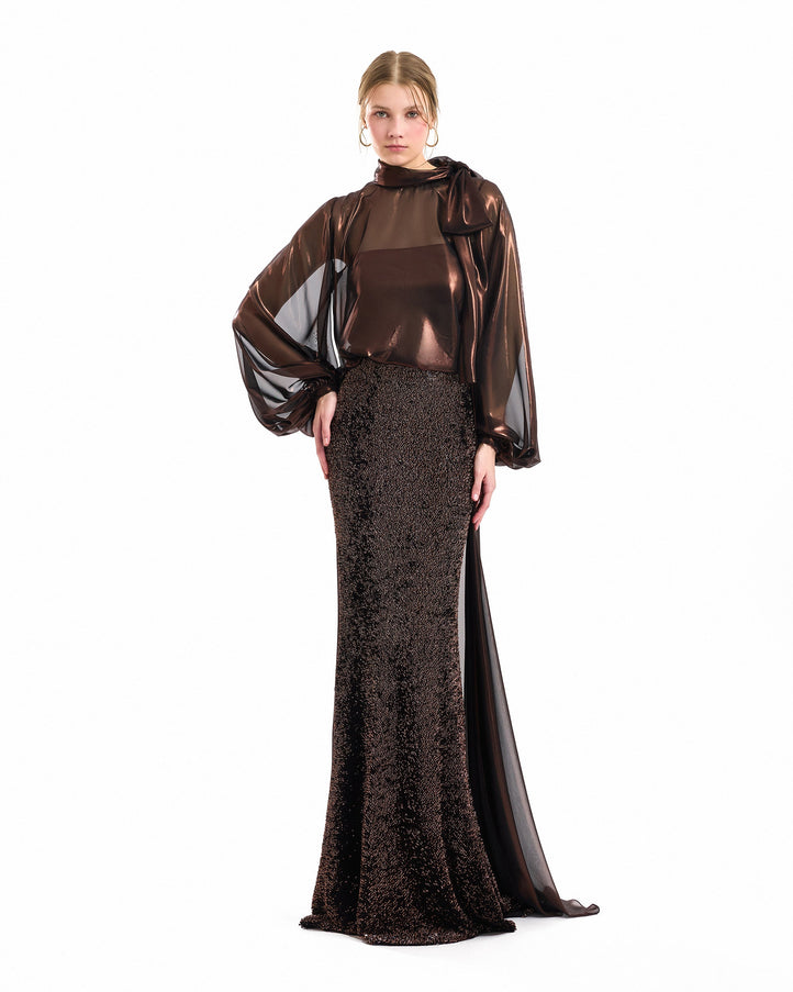 Gemy Maalouf Bishop Sleeve Bow Scarf Blouse Brown