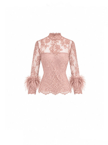 Gemy Maalouf Sheer Lace Feather-Trim Top
