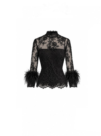 Gemy Maalouf Sheer Lace Feather-Trim Top