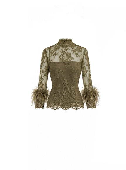 Gemy Maalouf Sheer Lace Feather-Trim Top