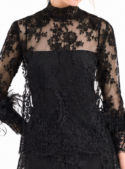 Gemy Maalouf Sheer Lace Feather-Trim Top