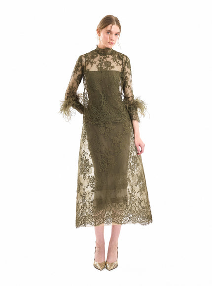 Gemy Maalouf Lace Cage Midi Skirt Khaki