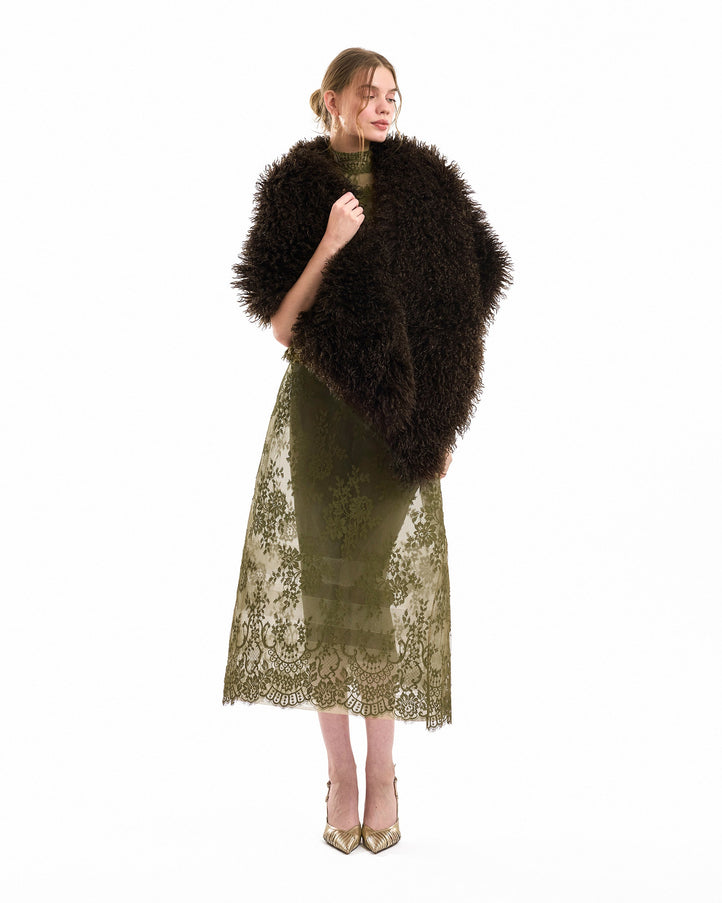 Gemy Maalouf Voluminous Fur Shoulder Bolero Khaki