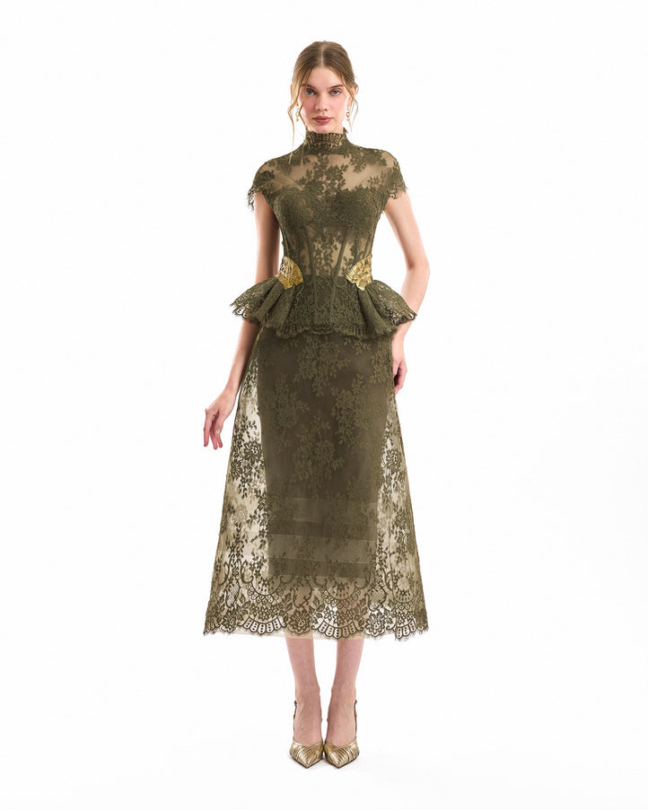 Gemy Maalouf Sculpted Peplum Corset Top Khaki