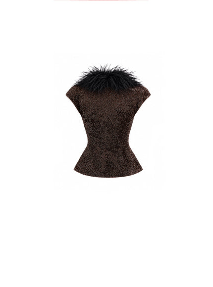 Gemy Maalouf Sequined Feathered V-Neck Top