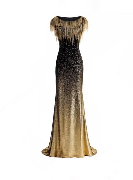Gemy Maalouf Off-Shoulder Beaded Fringe Gown