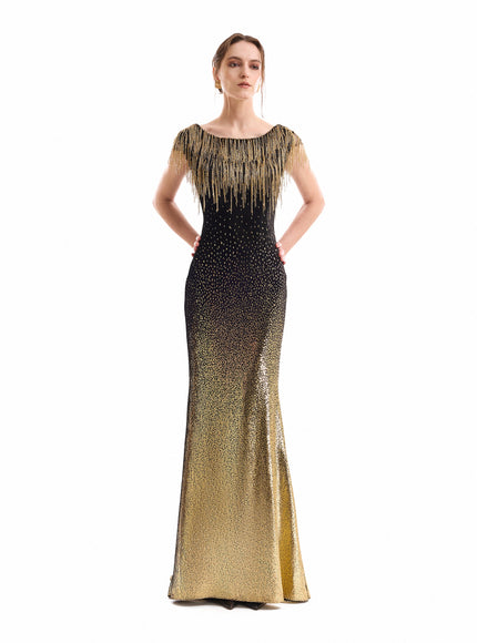 Gemy Maalouf Off-Shoulder Beaded Fringe Gown Black Gold