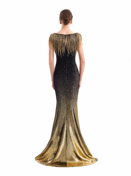 Gemy Maalouf Off-Shoulder Beaded Fringe Gown