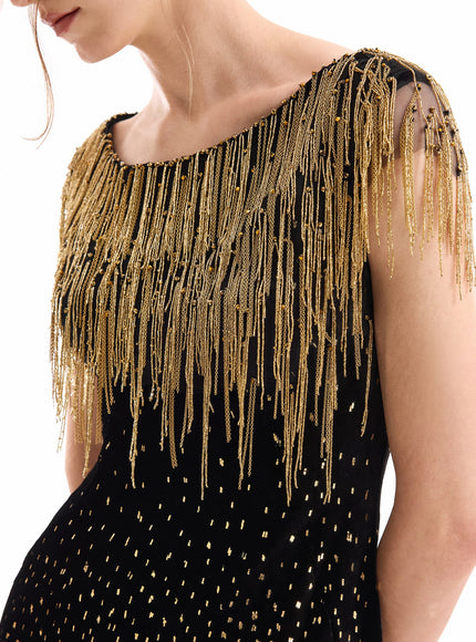 Gemy Maalouf Off-Shoulder Beaded Fringe Gown