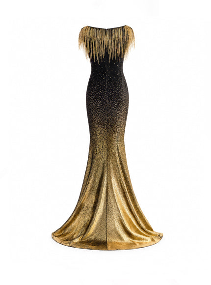 Gemy Maalouf Off-Shoulder Beaded Fringe Gown
