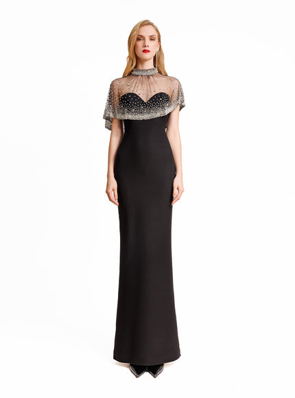 Gemy Maalouf Beaded Overlay Crepe Gown Black