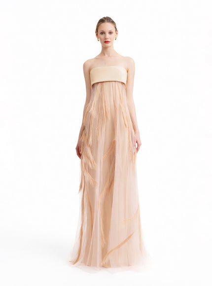Gemy Maalouf Feather-Embroidered Gown Beige