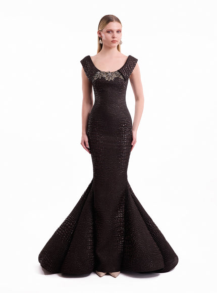 Gemy Maalouf Mermaid Textured Embellished Gown Brown